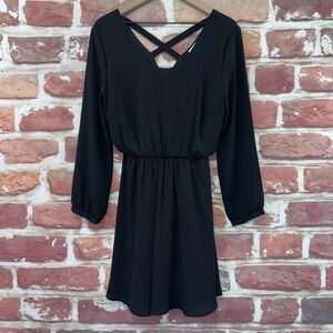 Lush Dress Women's L Plain Black Long Sleeve Crisscross Back Casual Evening